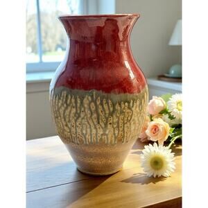 Ray Pottery Drip Glaze Vase North Carolina Studio Art-Red Green Brown-Ceramic